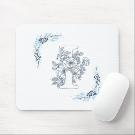 Initial "I" Blue Monogram Calm Floral Mousepad