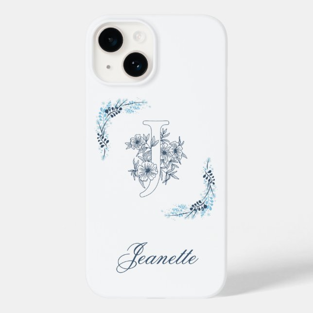 Initial "J" Blue Monogram Calm Floral Case-Mate iPhone 14 Hülle (Rückseite)