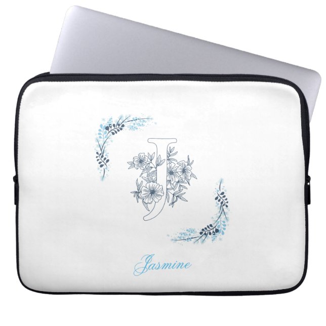 Initial "J" Blue Monogram Calm Floral Laptopschutzhülle (Vorderseite)
