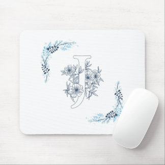 Initial "J" Blue Monogram Calm Floral Mousepad