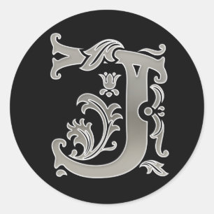 Initial J Round Sticker in Silber