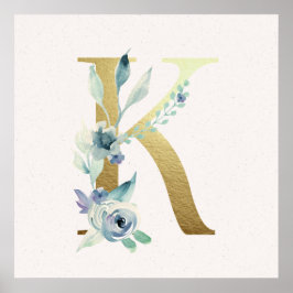 Initial K Golden and Blue Floral Monogram Poster