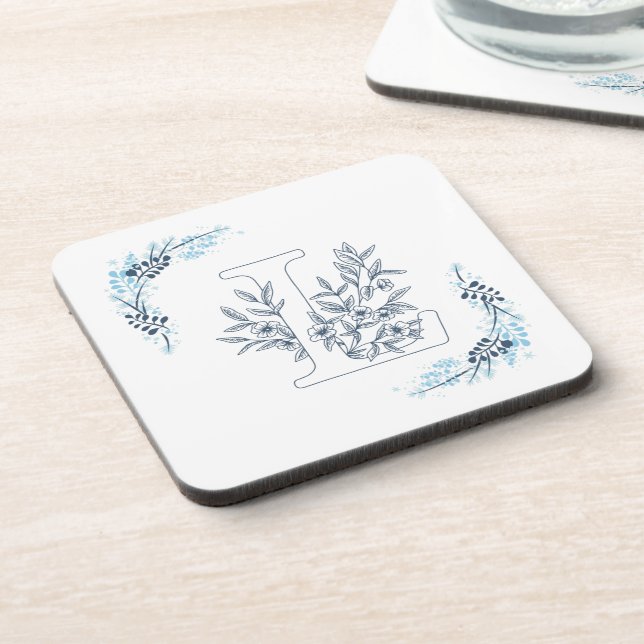 Initial "L" Blue Monogram Calm Floral Getränkeuntersetzer (Linke Seite)