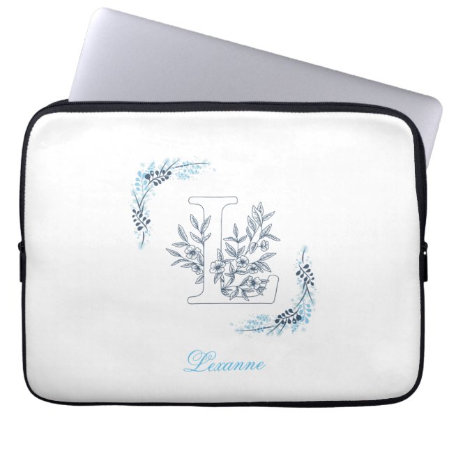 Initial "L" Blue Monogram Calm Floral Laptopschutzhülle (Vorderseite)