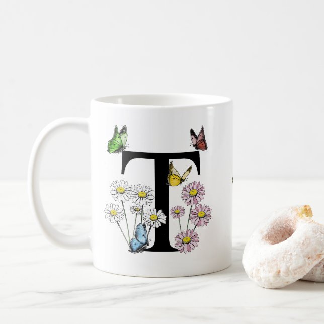 Initial Letter T Floral Butterfly Monogramm Kaffeetasse (Mit Donut)