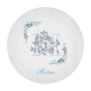 Initial "M" Blue Monogram Calm Floral Schneidebrett