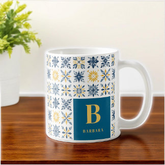 Initial Mediterranean Floral Tile-Style Pattern  Kaffeetasse
