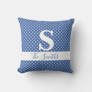 Initial Monogram Blue and White Dot Throw Pillow Kissen