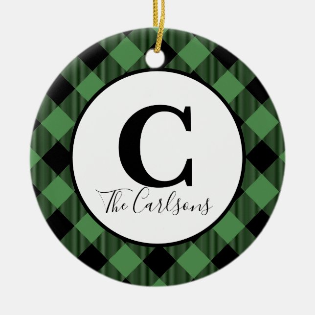Initial Monogram Foto Green Black Buffalo Kariert Keramik Ornament (Vorne)