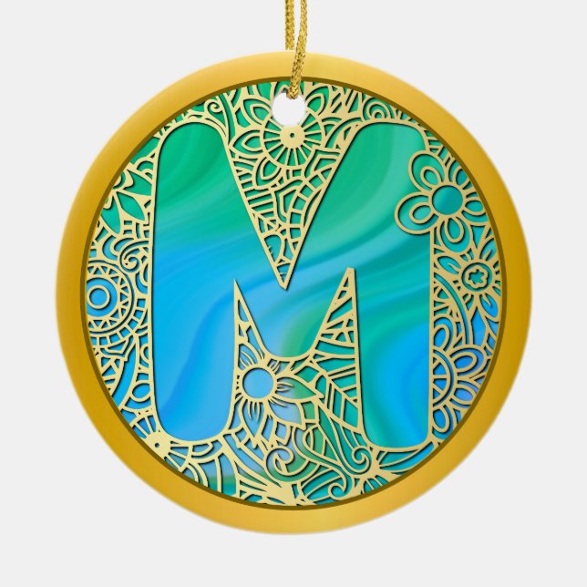  Initial Monogram M Christmas - Gold, Teal & Blue Keramik Ornament (Vorne)