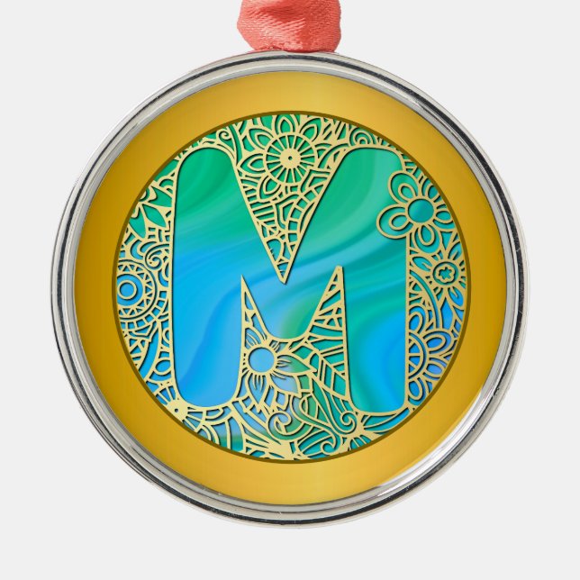  Initial Monogram M Christmas - Gold , Teal & Blue Ornament Aus Metall (Vorne)