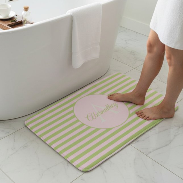Initial Monogram & Name Pastel Pink Green Striped Badematte (Pastel pink and green striped background with template name & initial letter monogram bathmat.)