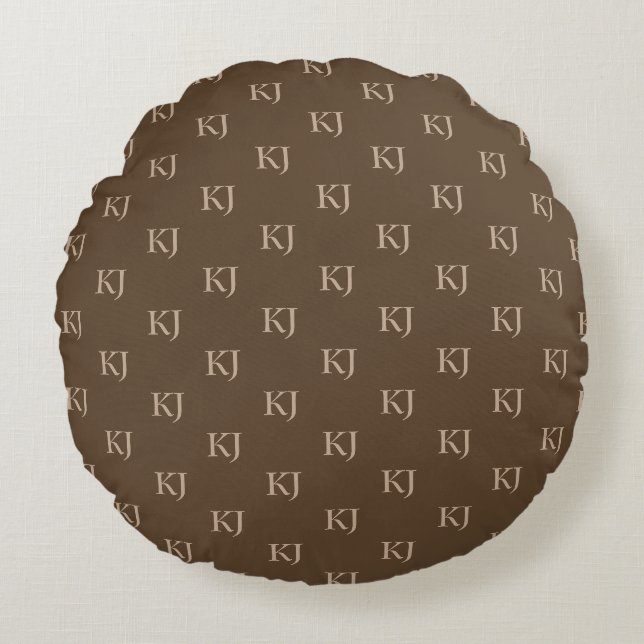 Initial-Muster für klassische braun- und Beige-Mon Rundes Kissen (Vorderseite)