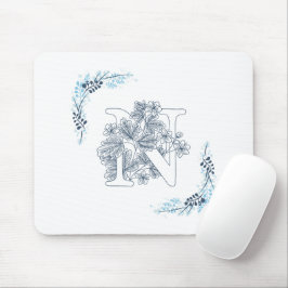Initial "N" Blue Monogram Calm Floral Mousepad