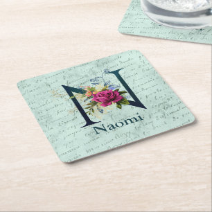 Initial N extravagant florale Monogramm Rechteckiger Pappuntersetzer