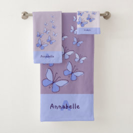 Initial & Name Blue Butterfly Flutter Lavendel Badhandtuch Set