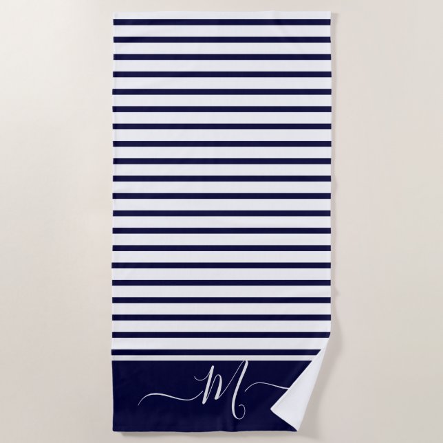 Initial Nautic Navy Blue Striping Monogram Strandtuch (Vorderseite)