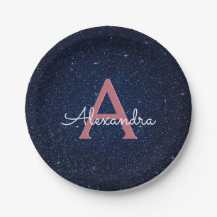 Initial "Navy Blue & Rose Gold Sparkle Monogram" Pappteller