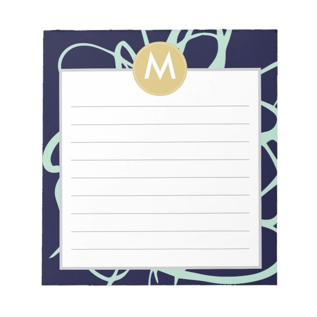 Initial Navy & Mint Brushstrokes Monogram Notizblock (Vorderseite)
