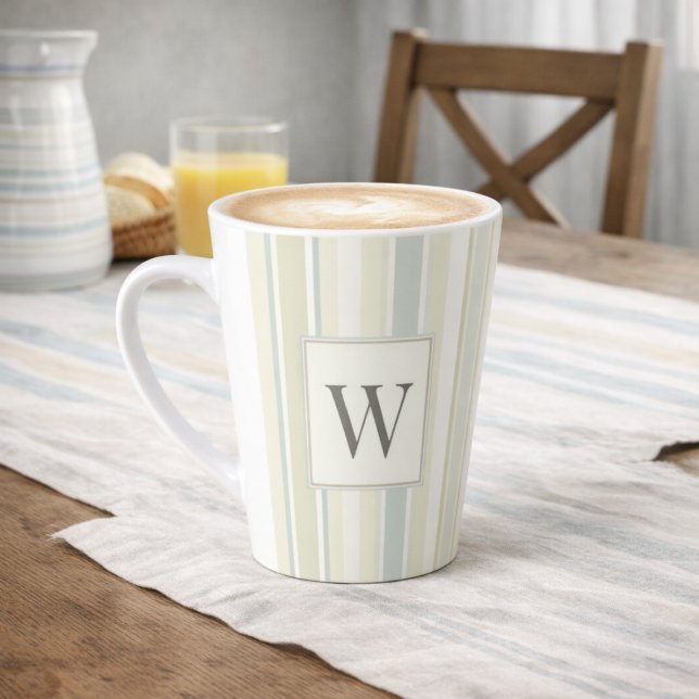 Initial Neutral Dusty Blue Stripe Rustic Farmhouse Milchtasse (Von Creator hochgeladen)