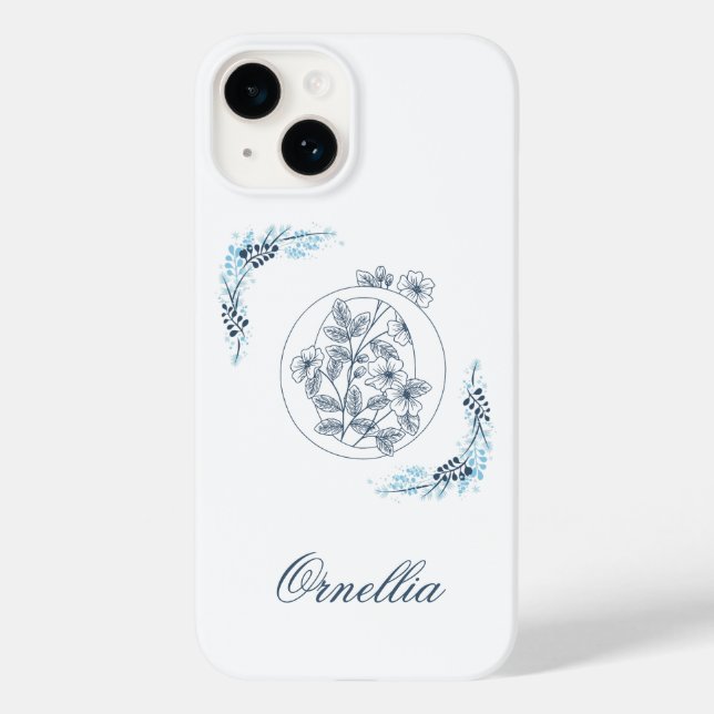 Initial "O" Blue Monogram Calm Floral Case-Mate iPhone 14 Hülle (Rückseite)
