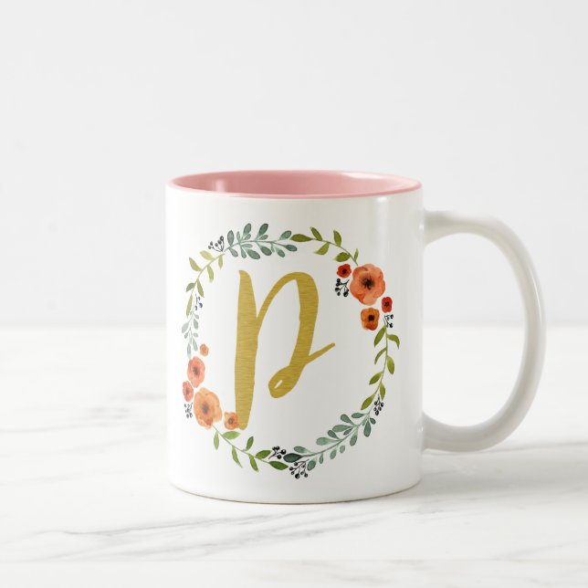 Initial P. Botanische Blume Wreath Gold Monogramm Zweifarbige Tasse (Rechts)