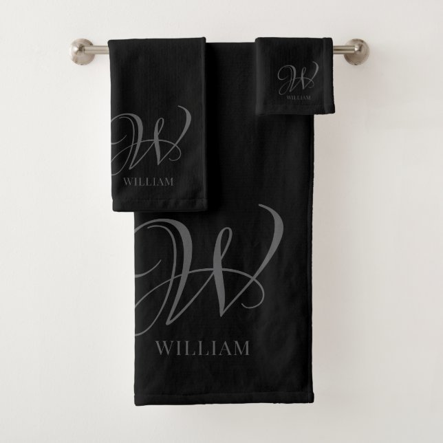 Initial Personalisiert Elegant Black Gray Monogram Badhandtuch Set (Insitu)