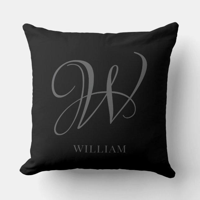 Initial Personalisiert Elegant Black Gray Monogram Kissen (Vorderseite)