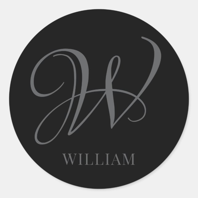 Initial Personalisiert Elegant Black Gray Monogram Runder Aufkleber (Vorderseite)