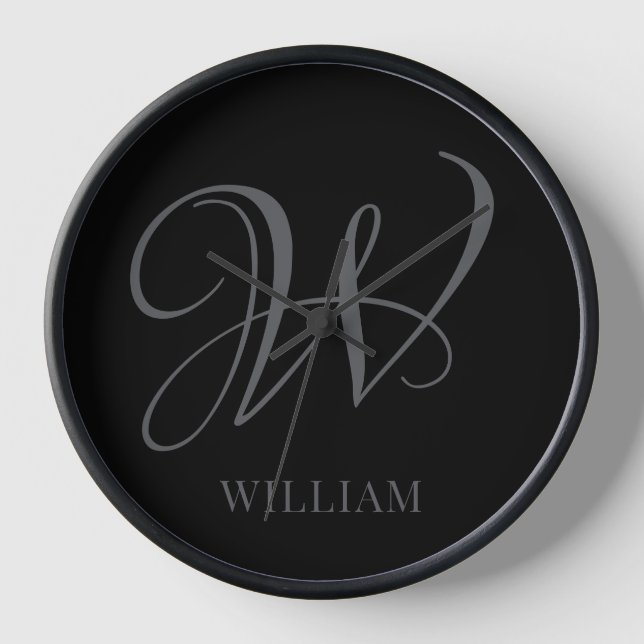 Initial Personalisiert Elegant Black Gray Monogram Uhr (Vorderseite)