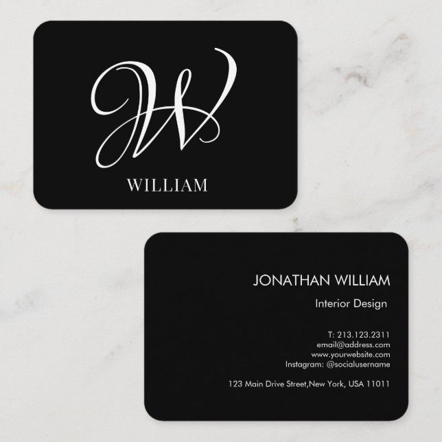 Initial Personalisiert Elegant Black Monogram Visitenkarte (Vorne/Hinten)