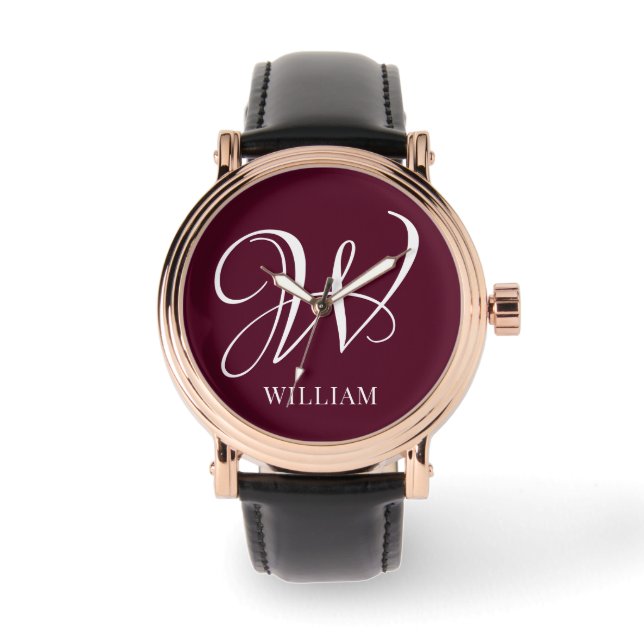 Initial Personalisiert Elegant Burgundy Monogram Armbanduhr (Vorderseite)