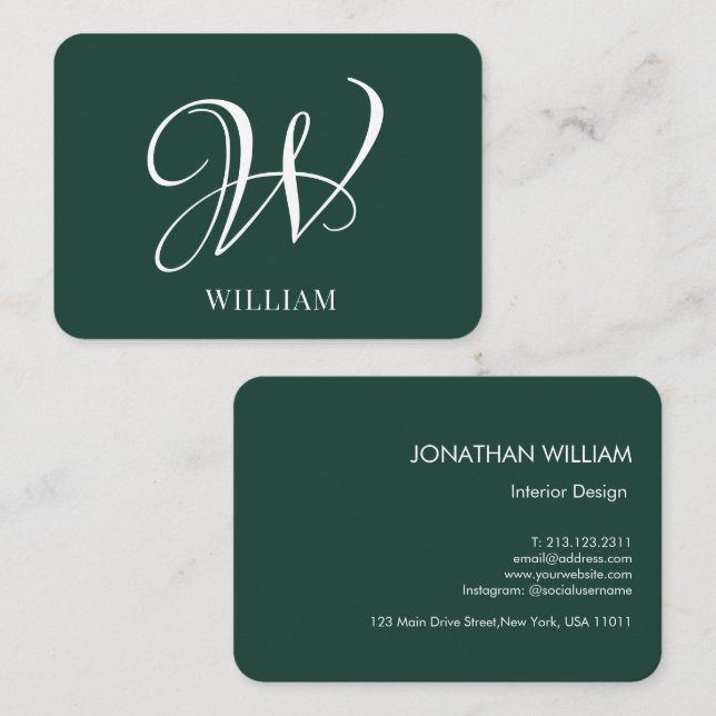 Initial Personalisiert Elegant Emerald Monogram Visitenkarte (Vorne/Hinten)