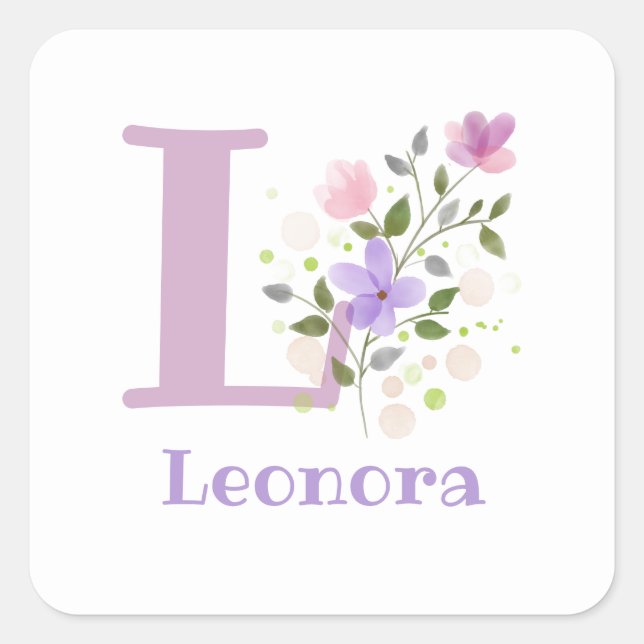 Initial Plus Name & Blume Design Square Sticker (Vorderseite)