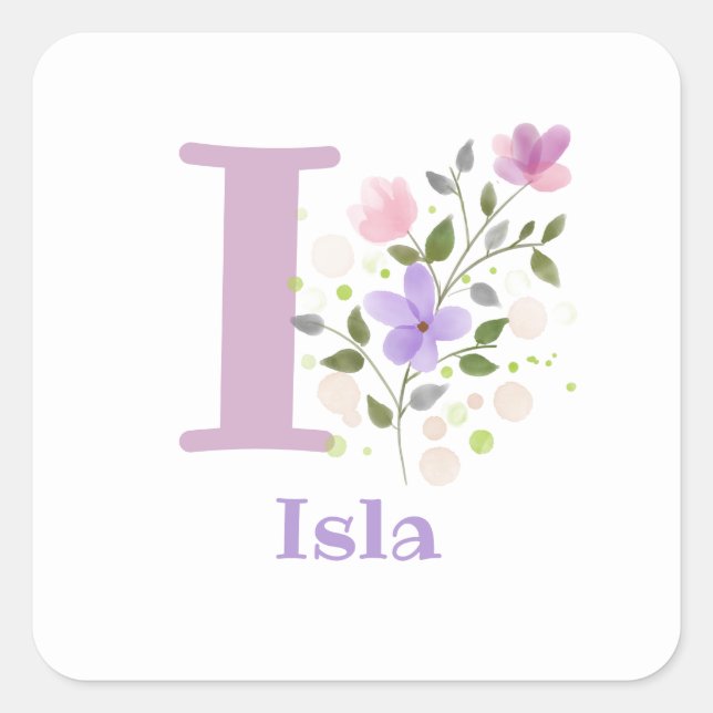 Initial Plus Name Isla & Blume Design Quadratischer Aufkleber (Vorderseite)