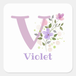 Initial Plus Name Violet & Blume Design Quadratischer Aufkleber
