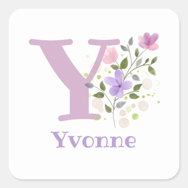 Initial Plus Name Yvonne & Blume Design Quadratischer Aufkleber (Vorderseite)
