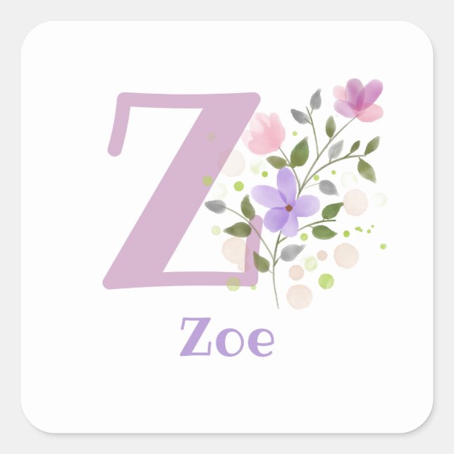 Initial Plus Name Zoe & Blume Design Quadratischer Aufkleber (Vorderseite)