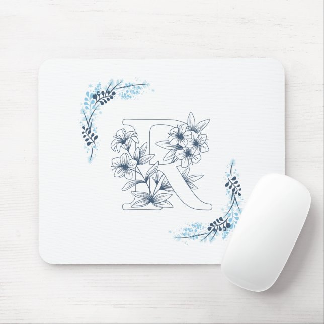 Initial "R" Blue Monogram Calm Floral Mousepad (Mit Mouse)