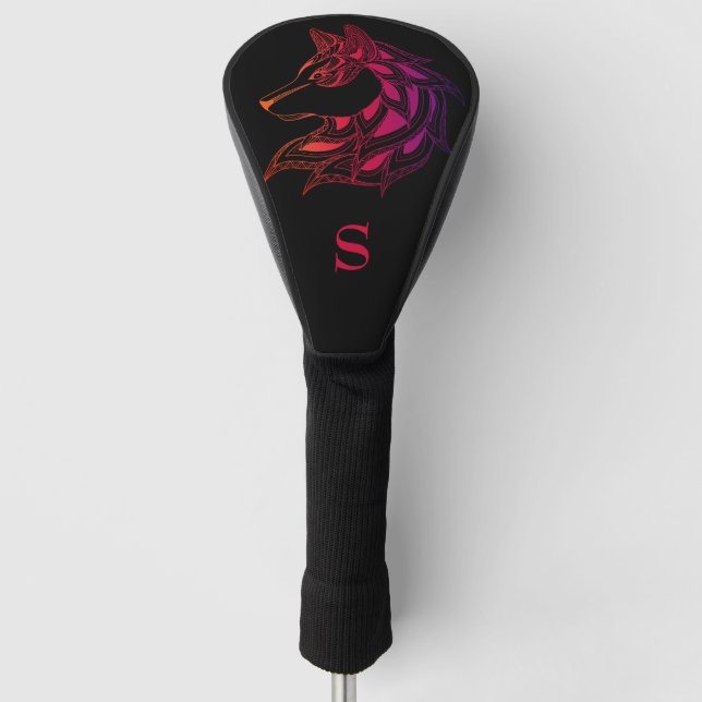 Initial "Red & Lila Intricate Wolf Head Monogram" Golf Headcover (Vorderseite)
