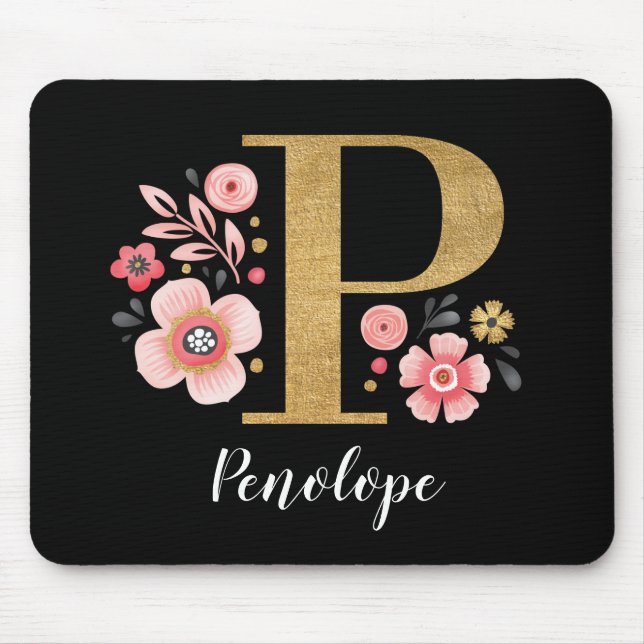 Initial rosa, schwarzer Buchstabe P Mousepad (Vorne)