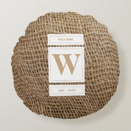 Initial Rustic Burlap Monogram Rundes Kissen