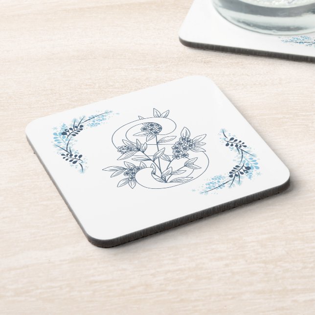 Initial "S" Blue Monogram Calm Floral Getränkeuntersetzer (Linke Seite)