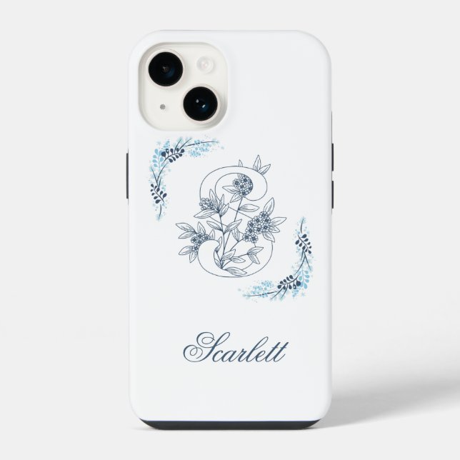 Initial "S" Blue Monogram Calm Floral iPhone 14 Hülle (Rückseite)