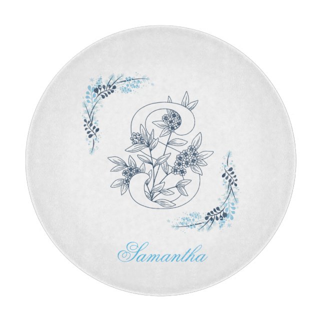 Initial "S" Blue Monogram Calm Floral Schneidebrett (Vorderseite)