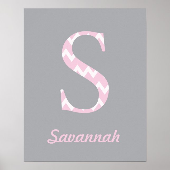 Initial S" Personalisierter Zickzack Rosa Baby Nam Poster (Vorne)