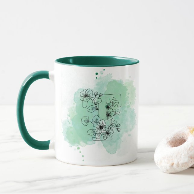 Initial T Aquarellmonogramm Grün Botanisch Tasse (Mit Donut)