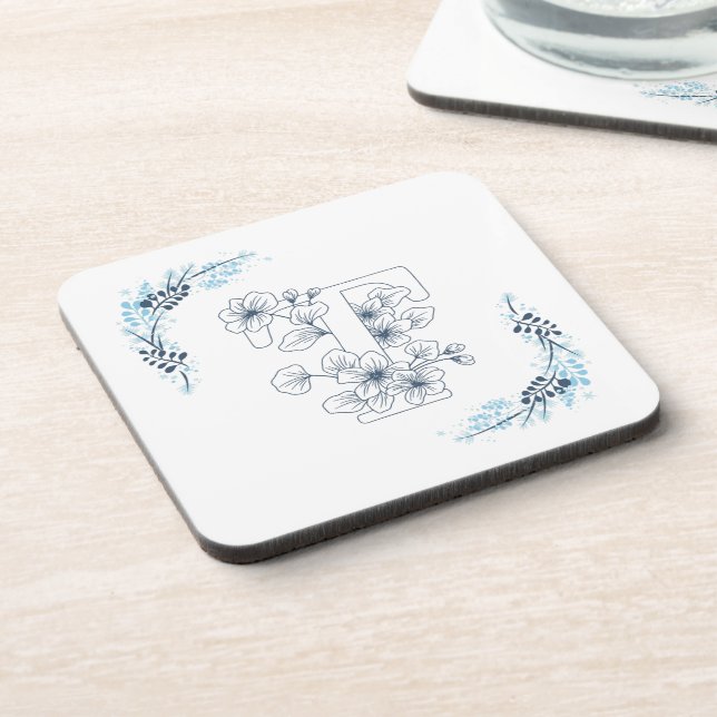 Initial "T" Blue Monogram Calm Floral Getränkeuntersetzer (Linke Seite)