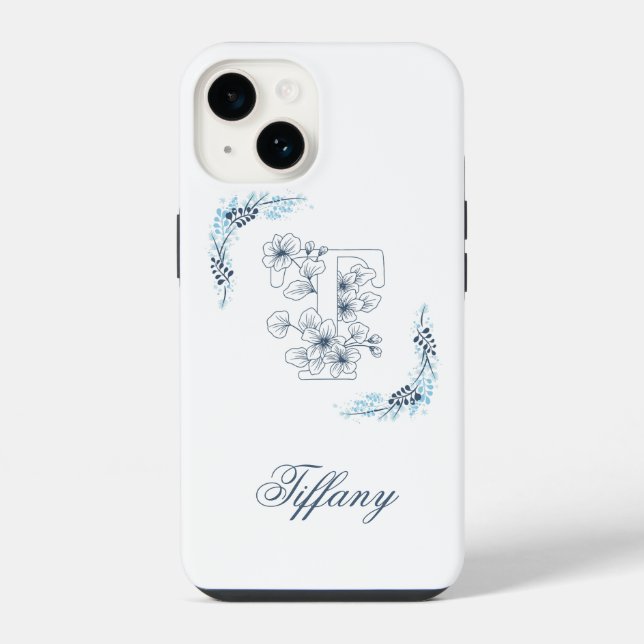 Initial "T" Blue Monogram Calm Floral iPhone 14 Hülle (Rückseite)