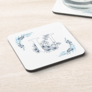 Initial "U" Blue Monogram Calm Floral Getränkeuntersetzer